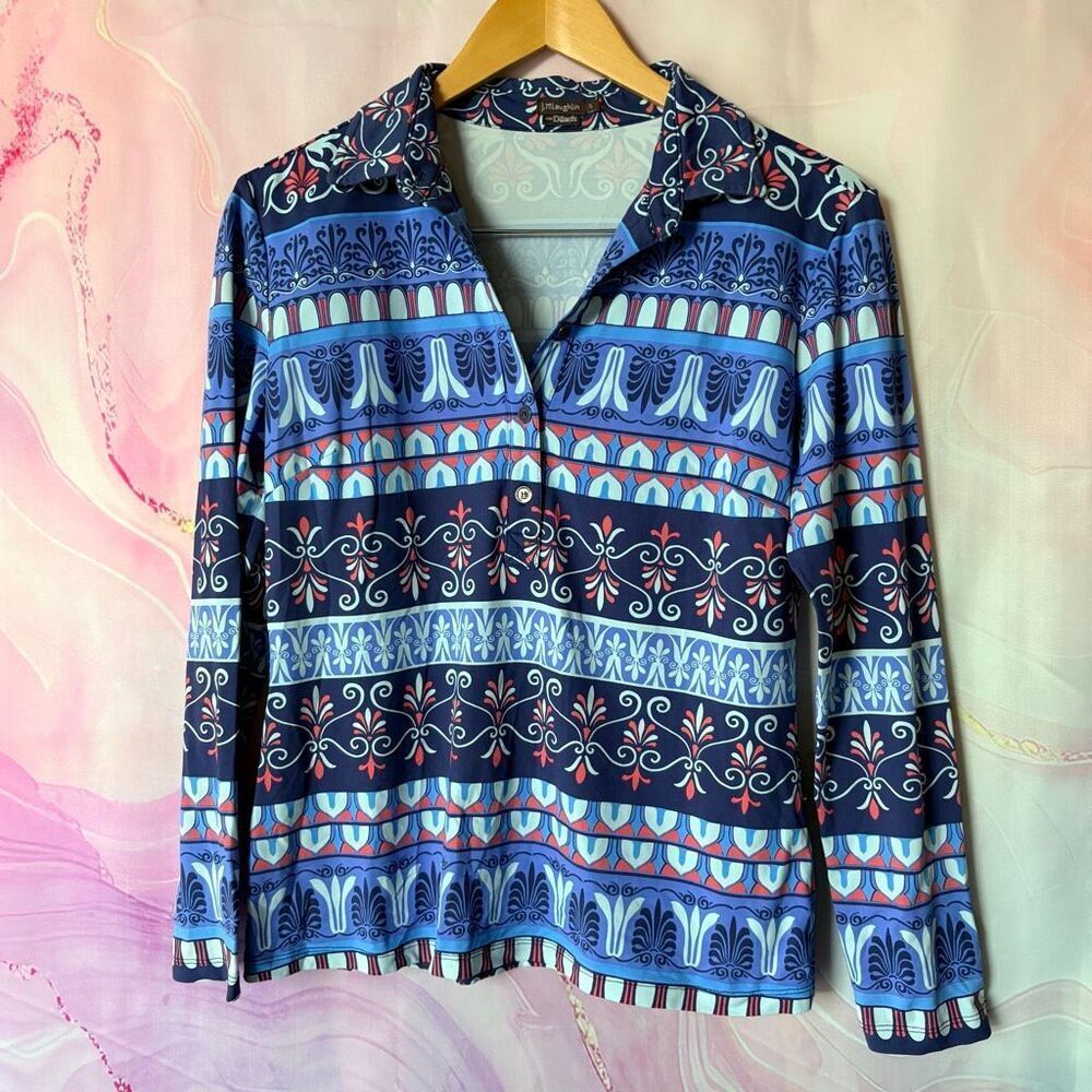 J. McLaughlin S Catalina Cloth Navy Blue Long Sleeve Blouse Preppy Sporty Luxury